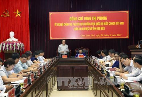 奠边省省委书记陈文山向丛氏放汇报该省发展情况。（图片来源：越通社）