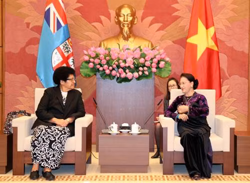 越南国会主席阮氏金银（右）与斐济议会议长吉科•卢维尼。（图片来源：越通社）