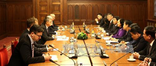 越南代表团（右）同匈牙利国会主席格维尔· 拉斯洛举行会谈。（图片来源：越通社）