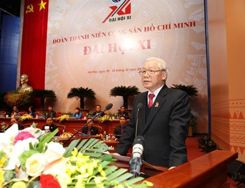 越共中央总书记阮富仲在大会上发言。（图片来源：越通社）