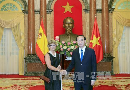 陈大光接受西班牙王国大使赫苏斯·菲戈·洛佩斯·帕洛普递交国书。 （图片来源：越通社）