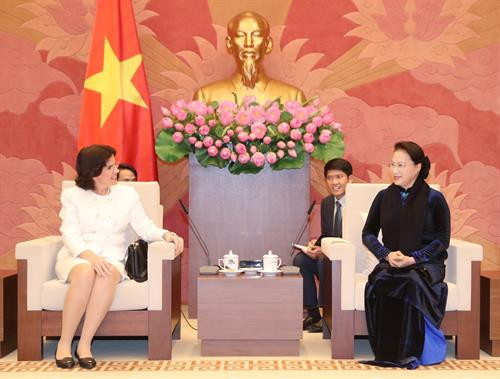 越南国会主席阮氏金银（右）会见古巴新任驻越大使里维拉。（图片来源：越通社）