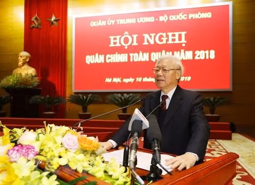 阮富仲在会议上发表讲话。图自越通社