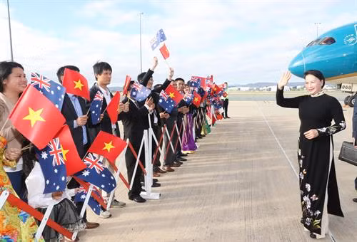 越南国会主席阮氏金银一行抵达澳大利亚首都堪培拉。（图片来源：越通社）