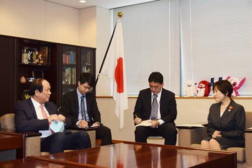 越南政府办公厅主任梅进勇会见日本外务副大臣安倍俊子(Abe Toshiko)。图自越通社