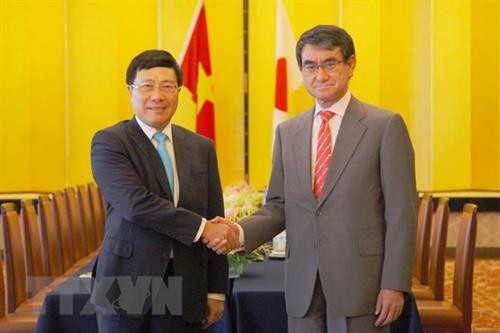 越南政府副总理兼外长范平明与日本外相河野太郎。图自越通社