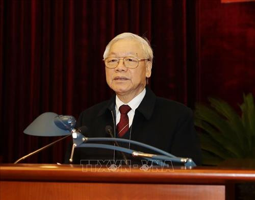 阮富仲在会上发表讲话。图自越通社 阮富仲在会上发表讲话。图自越通社