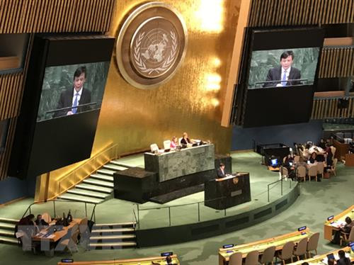 越南驻联合国代表团团长邓廷贵大使在会上发表讲话。图自越通社