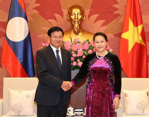 越南国会主席阮氏金银会见老挝总理通伦·西苏里。（图片来源：越通社）