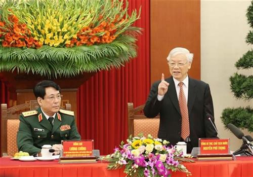 阮富仲总书记、国家主席在会见中发表讲话。图自越通社