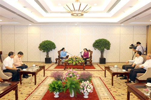 胡志明市市委副书记武氏蓉（右）会见川圹省省委副书记吴帖。（图片来源：越通社）