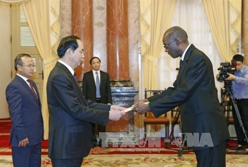 塞内加尔驻越大使谢赫·尼昂向陈大光主席递交国书。（图片来源：越通社）