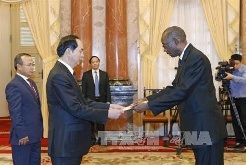 塞内加尔驻越大使谢赫·尼昂向陈大光主席递交国书。(图片来源:越通社) 塞内加尔驻越大使谢赫·尼昂向陈大光主席递交国书。(图片来源:越通社)