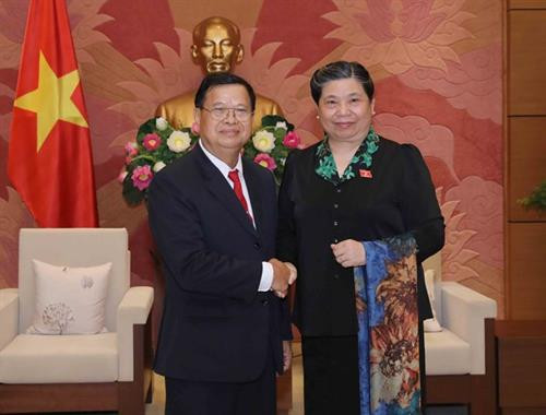 越南国会常务副主席丛氏放 （右）在国会大厦会见老挝国会副主席宋潘·平坎米。（图片来源：越通社）