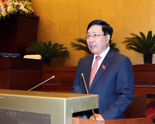 政府副总理、外交部长范平明作了关于CPTPP及其相关文件的说明报告。图自越通社