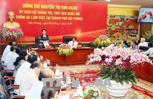 越南国会主席阮氏金银与海防市主要干部举行工作交谈。越通社记者 仲德 摄