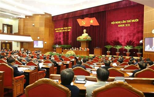越共十二届中央委员会第十次会议闭幕现场。图自越通社