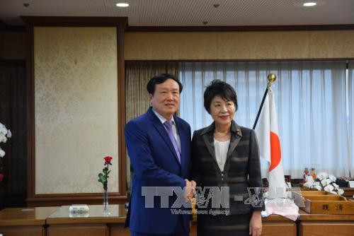 越南最高人民法院院长阮和平（左）礼节性会见日本法务大臣上川阳子。（图片来源：越通社）