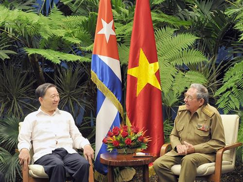 越南公安部部长苏林上将（左）会见古巴共产党中央委员会第一书记、国务委员会主席、部长会议主席劳尔·卡斯特罗·鲁斯。（图片来源：越通社）