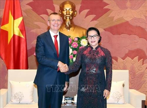 越南国会主席阮氏金银会见拉脱维亚外长林克维奇斯。图自越通社 越南国会主席阮氏金银会见拉脱维亚外长林克维奇斯。图自越通社