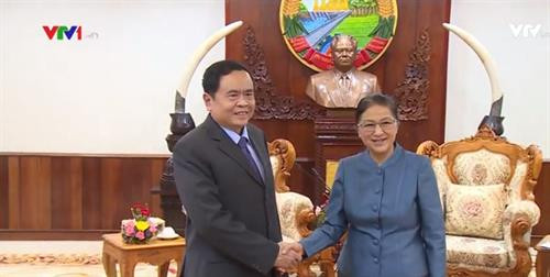 越南祖国阵线中央委员会主席陈青敏礼节性拜会老挝国会主席巴妮•雅陶都。（图片来源：http://vtv.vn）