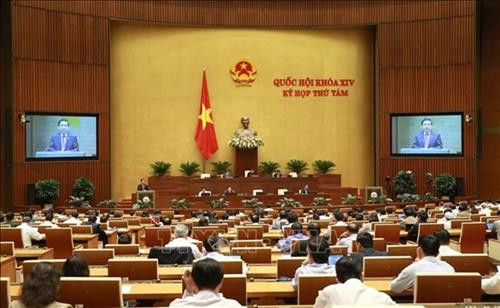 国会听取交通运输部部长阮文体受政府总理委托作关于龙城国际航空港项目一期工程可行性研究报告。图自越通社