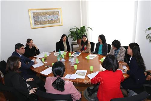 越南妇女联合会代表团与意大利总理负责平等事务办公室领导举行工作会谈。图自越通社