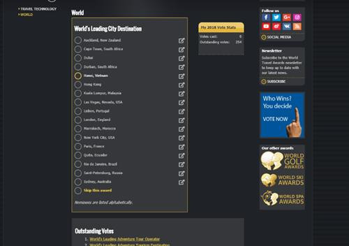 评选者在导航栏“World”选择“47.World’s Leading City Destination”，然后选择“Hanoi, Vietnam”。图自越通社
