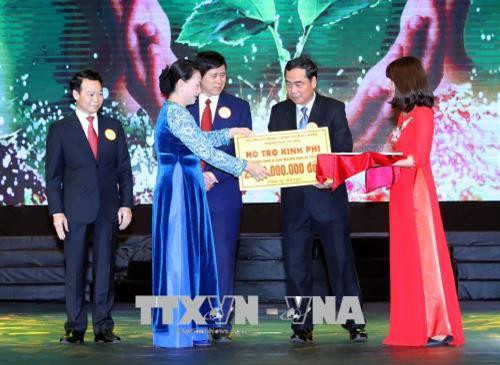 越南国会主席阮氏金银向各省领导移交援助资金。(图片来源:越通社) 越南国会主席阮氏金银向各省领导移交援助资金。(图片来源:越通社)