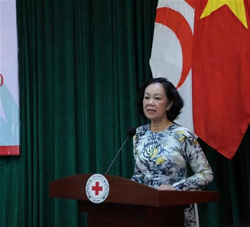 越共中央政治局委员、中央书记处书记、中央民运部部长张氏梅在启动仪式上发表讲话。图自越通社