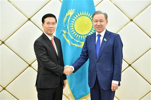 越共中央政治局委员、中央书记处书记、中央宣教部部长武文赏（左）与哈萨克斯坦议会下院议长努尔兰·尼格马图林。图自越通社