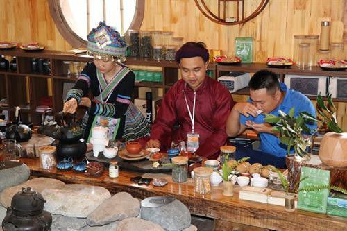 游客们品尝茶。图自越通社