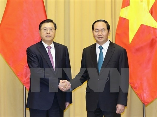 陈大光主席去年11月会见来越访问的中国全国人大常委会委员长张德江。（图片来源：越通社）