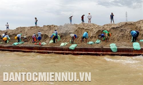 安江省有关单位动员数百名工人使用沙包加固堤坝,减少塌方现象。 记者 邓功貌 摄 安江省有关单位动员数百名工人使用沙包加固堤坝,减少塌方现象。 记者 邓功貌 摄