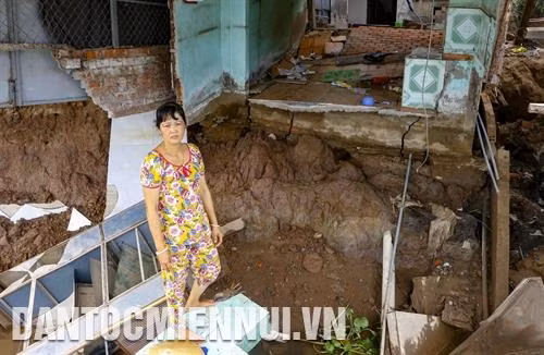 91号公路安江省平美乡路段严重塌方。记者 裴文灵 摄 芹苴市乌门郡太安坊太利地区居民阮氏碧莲正站在她一家以前兴建房屋的地方，目前她的房屋已沉没在水下了。 记者 阮清廉 摄