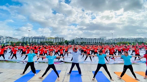 约3000人参加在广宁省举行的第八届国际瑜伽日活动
