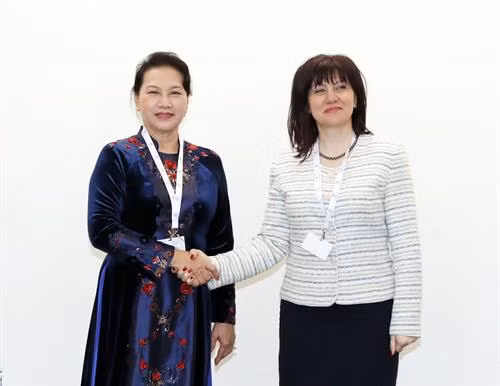 国会主席阮氏金银( 左）会见保加利亚国民议会议长采茨卡·察切娃。（图片来源：越通社）