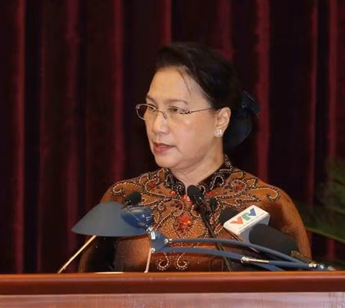 越共中央政治局委员、国会主席阮氏金银在会上发言。图自越通社