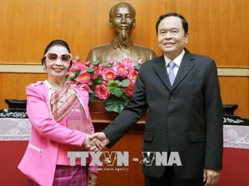 越南祖国阵线中央委员会主席陈青敏会见老挝建国阵线中央副主席儒乔马尼·苏发努冯。越通社记者 阮民 摄
