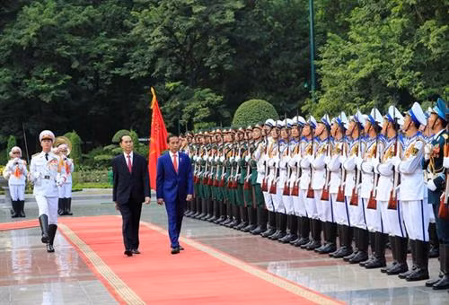欢迎仪式上,陈大光与佐科检阅仪仗队。图自越通社 欢迎仪式上,陈大光与佐科检阅仪仗队。图自越通社