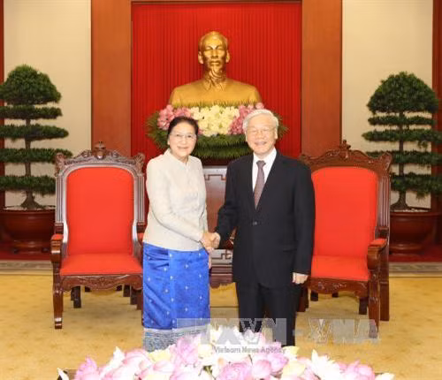 越共中央总书记阮富仲会见老挝国会主席巴妮•雅陶都。(图片来源:越通社) 越共中央总书记阮富仲会见老挝国会主席巴妮•雅陶都。(图片来源:越通社)