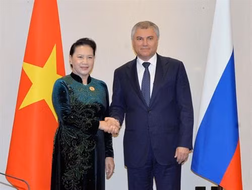 越南国会主席阮氏金银与俄罗斯联邦国家杜马主席维亚切斯拉夫·沃洛金。图自越通社