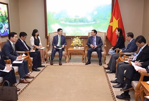 越南政府副总理王廷惠会见韩国乐天集团下属乐天信用卡有限责任公司董事长金昌权。（图片来源：越通社）