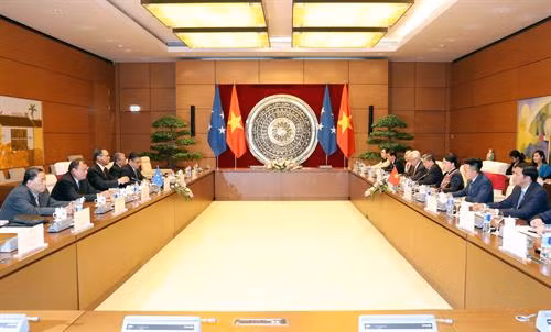 越南国会主席阮氏金银与密克罗尼西亚联邦国会议长韦斯利·西米纳举行会谈。越通社记者 仲德 摄 越南国会主席阮氏金银与密克罗尼西亚联邦国会议长韦斯利·西米纳举行会谈。越通社记者 仲德 摄