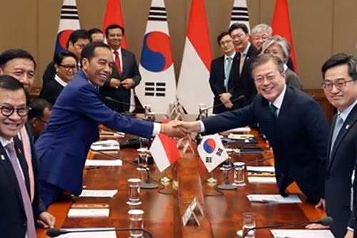 韩国总统文在寅(右)与印尼总统佐科·维多多。图自越通社 韩国总统文在寅(右)与印尼总统佐科·维多多。图自越通社