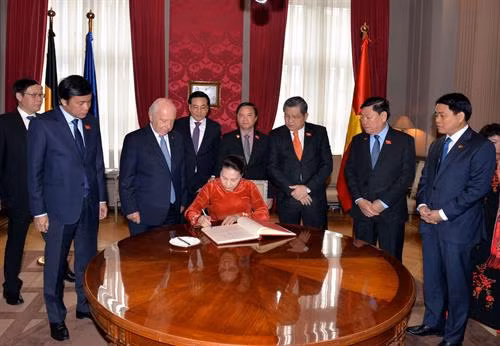 越南国会主席阮氏金银在比利时联邦参议院驻地在留言簿上留言。图自越通社