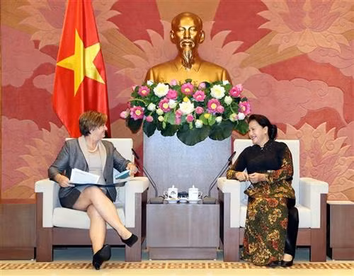 越南国会主席阮氏金银会见联合国儿童基金会(UNICEF)驻越南代表处首席代表花楠。图自越通社 越南国会主席阮氏金银会见联合国儿童基金会(UNICEF)驻越南代表处首席代表花楠。图自越通社
