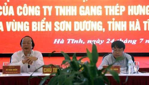 越南自然资源与环境部副部长武俊仁（左）在会上发言。图自越通社