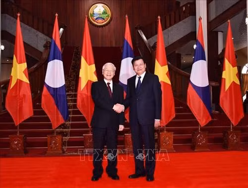 越共中央总书记、国家主席阮富仲（左）会见老挝总理通伦·西苏里。图自越通社