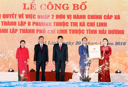 在庄严的气氛中，阮氏金银向志玲市领导转交国会常务委员会第623号决议 图自越通社
